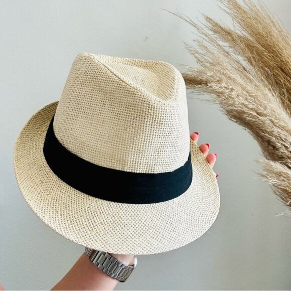 VINTAGE NORDSTROM Cream Tan Straw Wide Visor Brim Black Ribbon Fedora Sun Hat - Picture 6 of 8